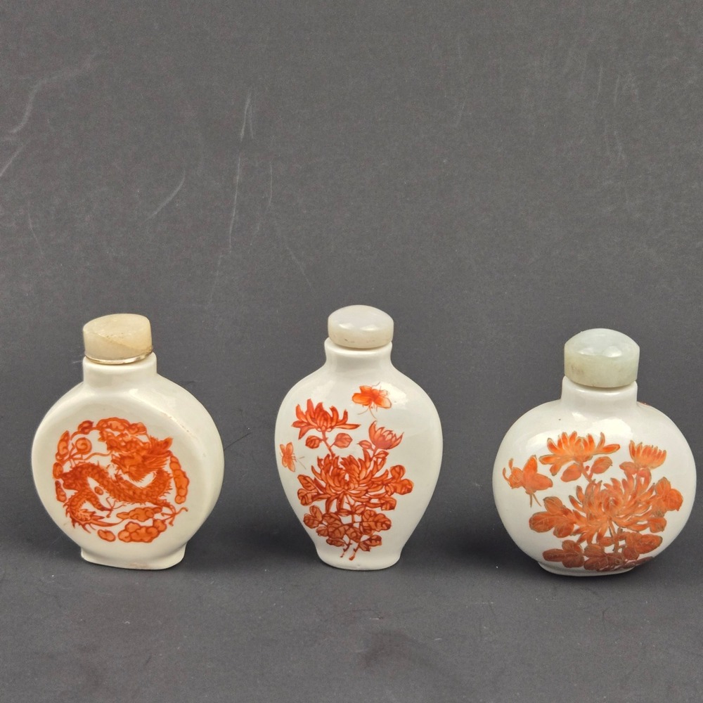 Lot of 3 Vintage Chinese Iron Red Porcelain Snuff Bottles Jade Stoppers